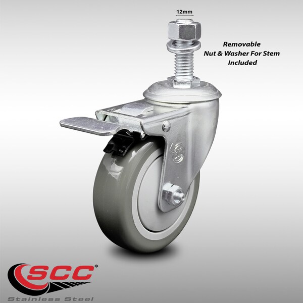 4 Inch SS Gray Polyurethane 12mm Threaded Stem Caster with Total Lock Brake